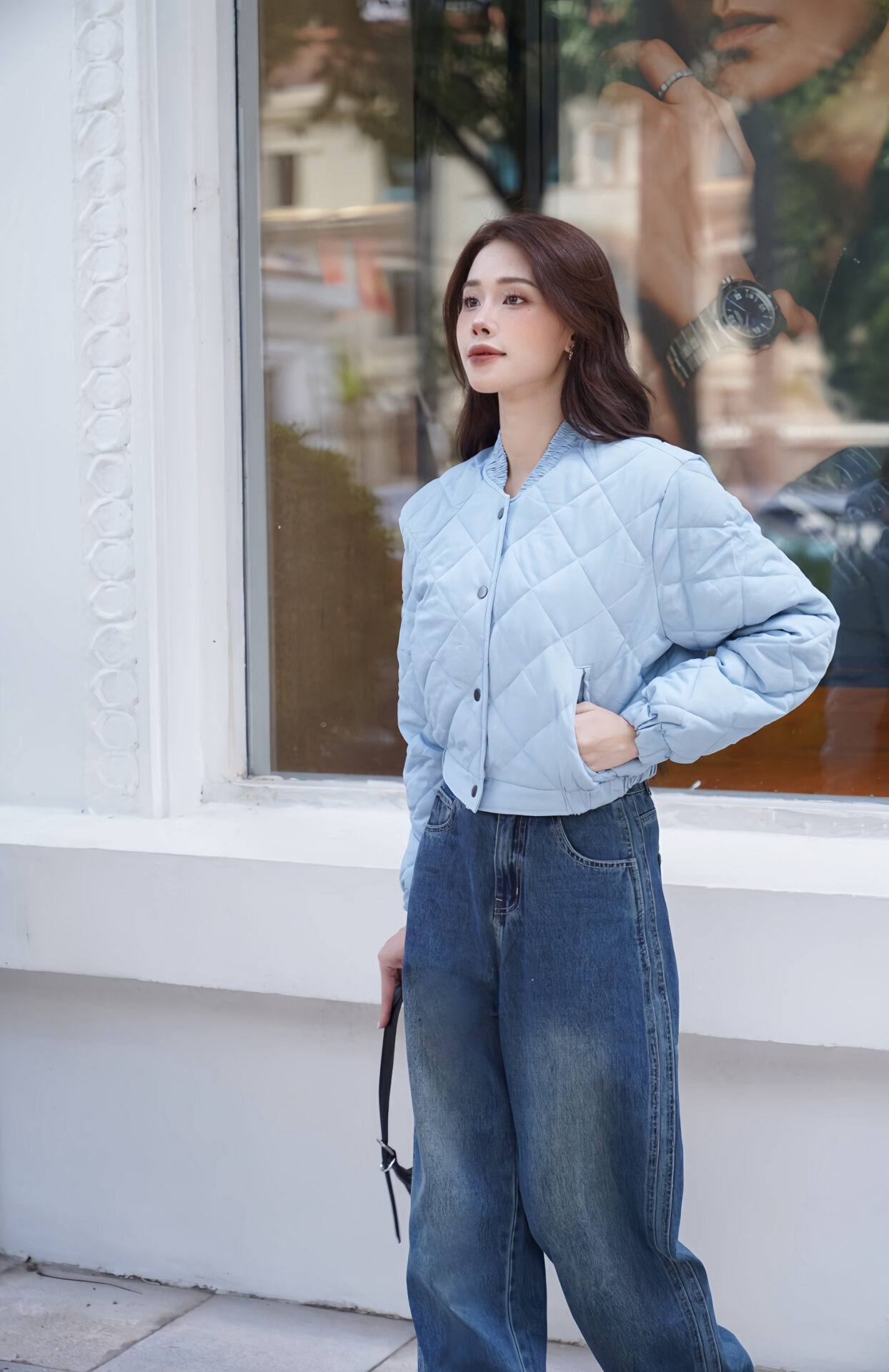 Áo Khoác Nữ Cổ Tàu Trần Bông Hình Trám Dáng Ngắn - Ảnh 3