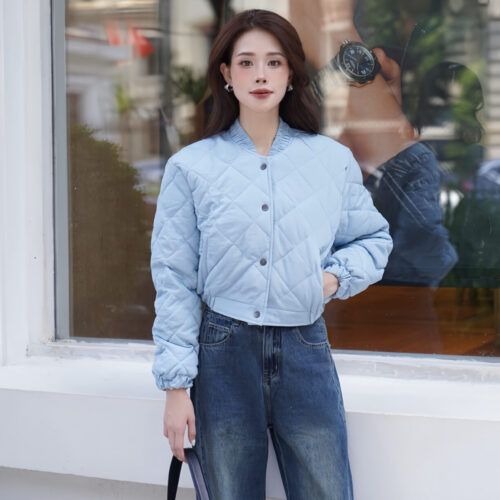 Áo Khoác Nữ Cổ Tàu Trần Bông Hình Trám Dáng Ngắn