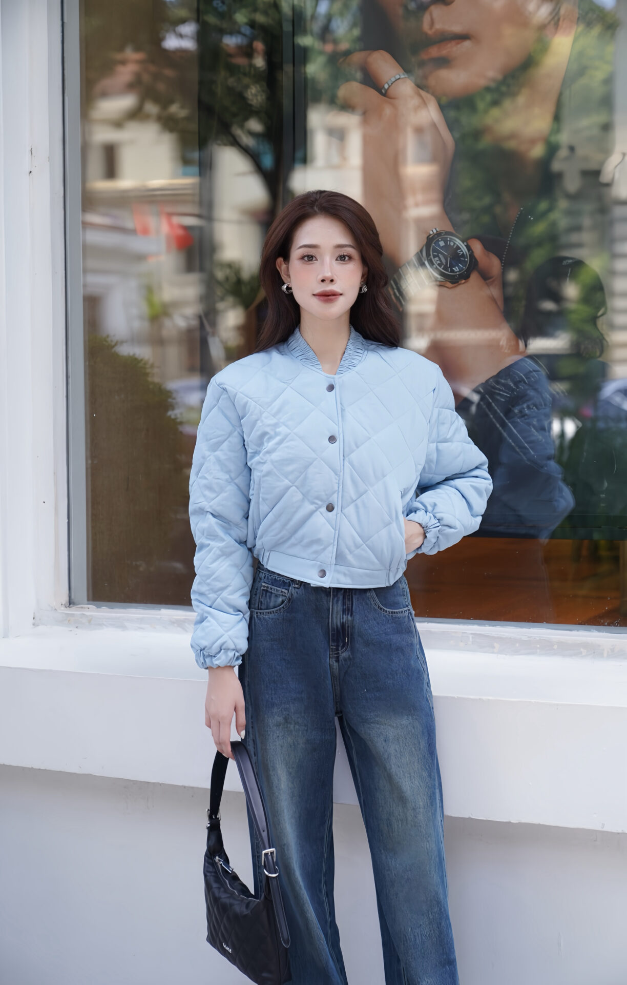 Áo Khoác Nữ Cổ Tàu Trần Bông Hình Trám Dáng Ngắn