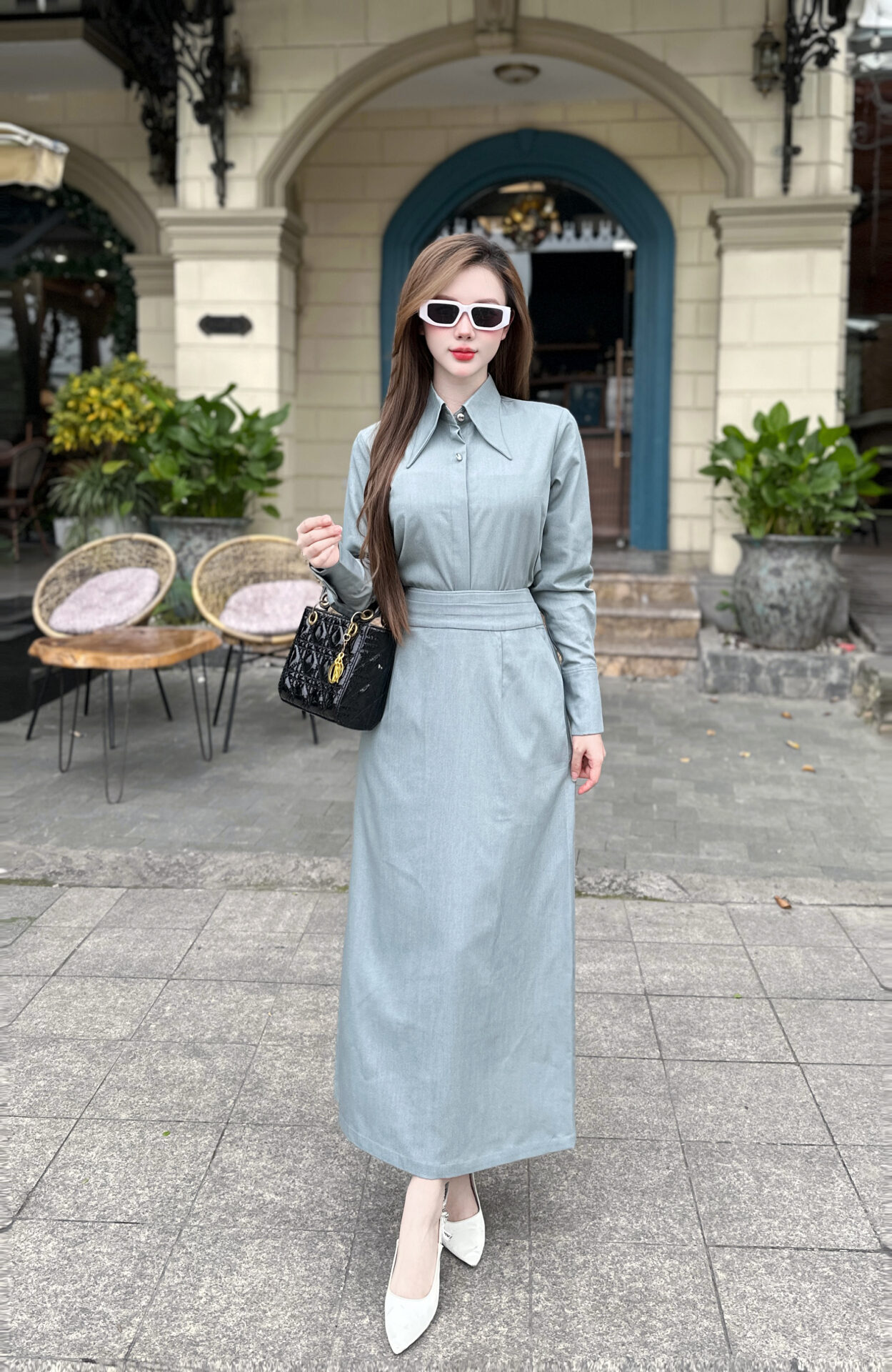 Set Váy Sơ Mi Cổ Đức & Chân Váy Dài Xếp Ly - Ảnh 3