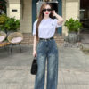 Quần Jeans Ống Suông Cạp Thường Can Dọc