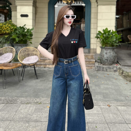 Quần Jeans Nữ Ống Rộng Hai Túi Trước