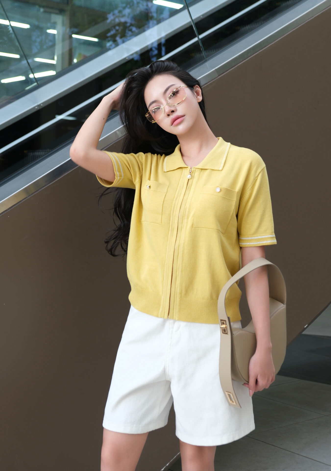 Áo Len Nữ Cardigan Cổ Polo Kéo Khóa Ngắn Tay Túi Ngực - Ảnh 10