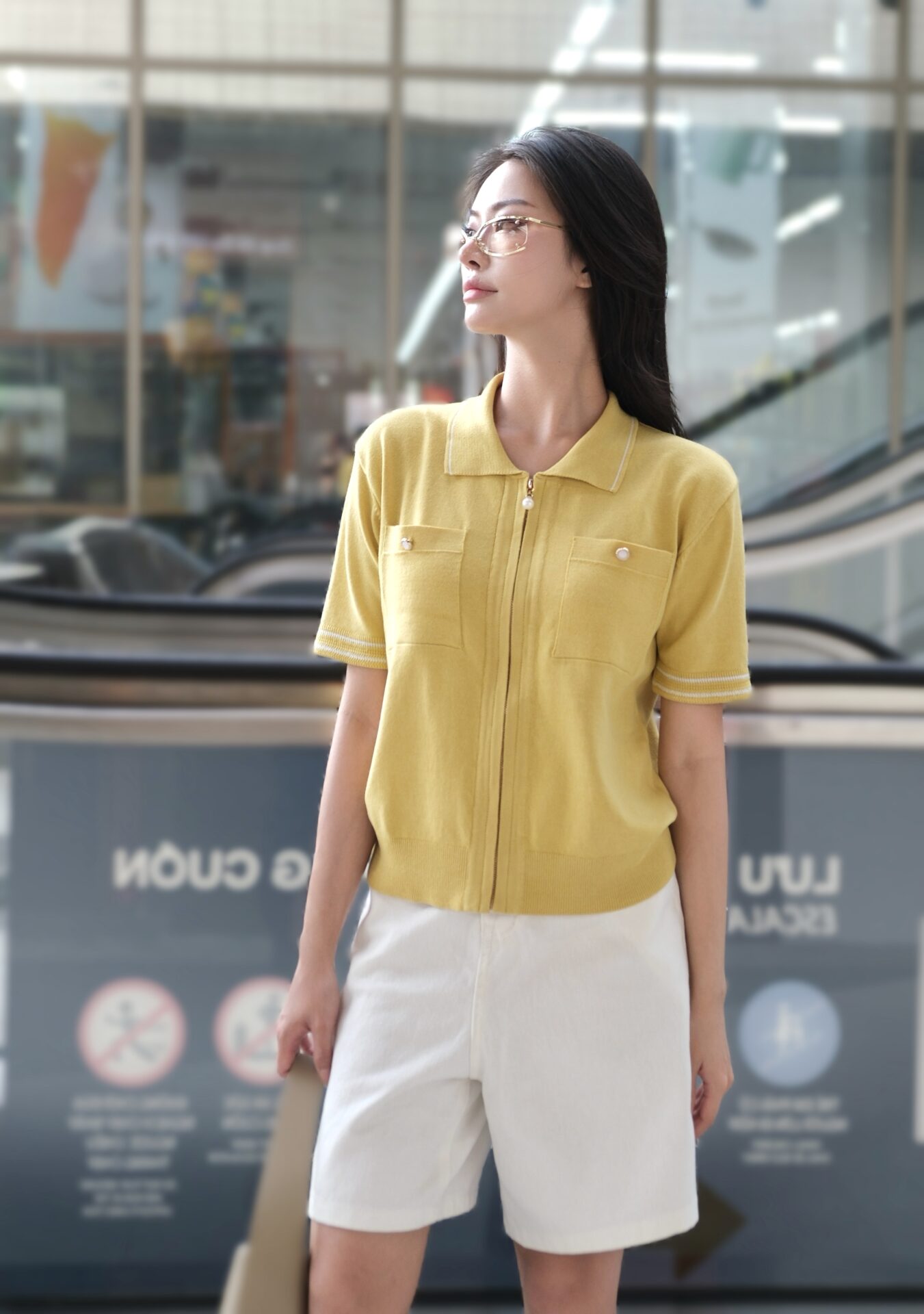 Áo Len Nữ Cardigan Cổ Polo Kéo Khóa Ngắn Tay Túi Ngực - Ảnh 11