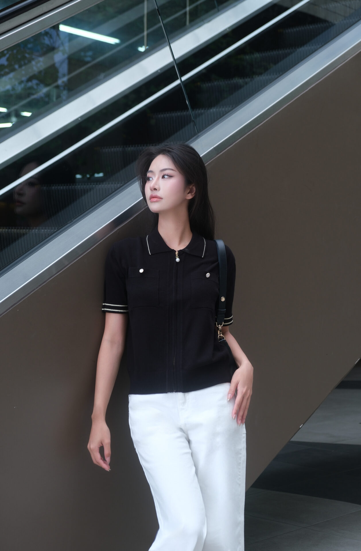 Áo Len Nữ Cardigan Cổ Polo Kéo Khóa Ngắn Tay Túi Ngực - Ảnh 8