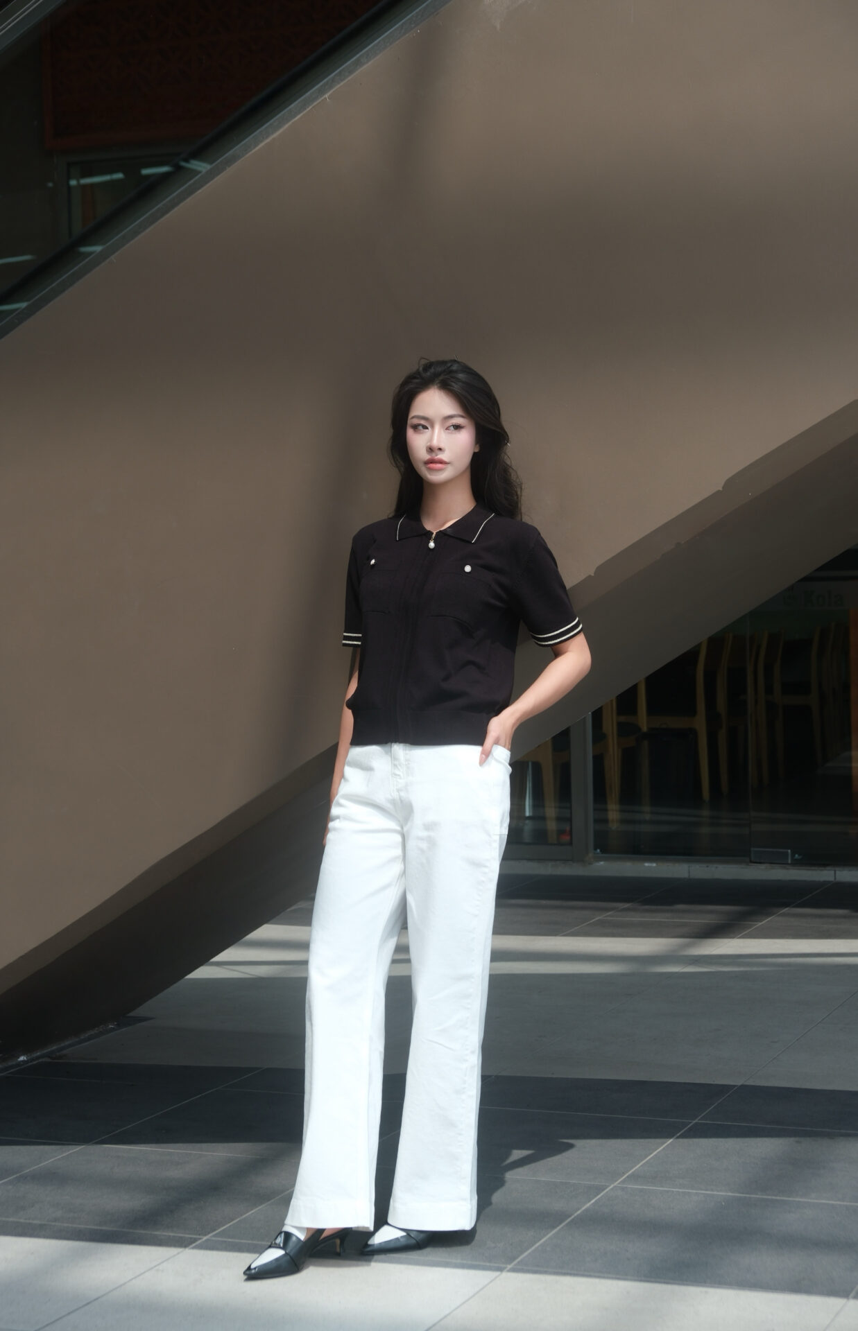 Áo Len Nữ Cardigan Cổ Polo Kéo Khóa Ngắn Tay Túi Ngực