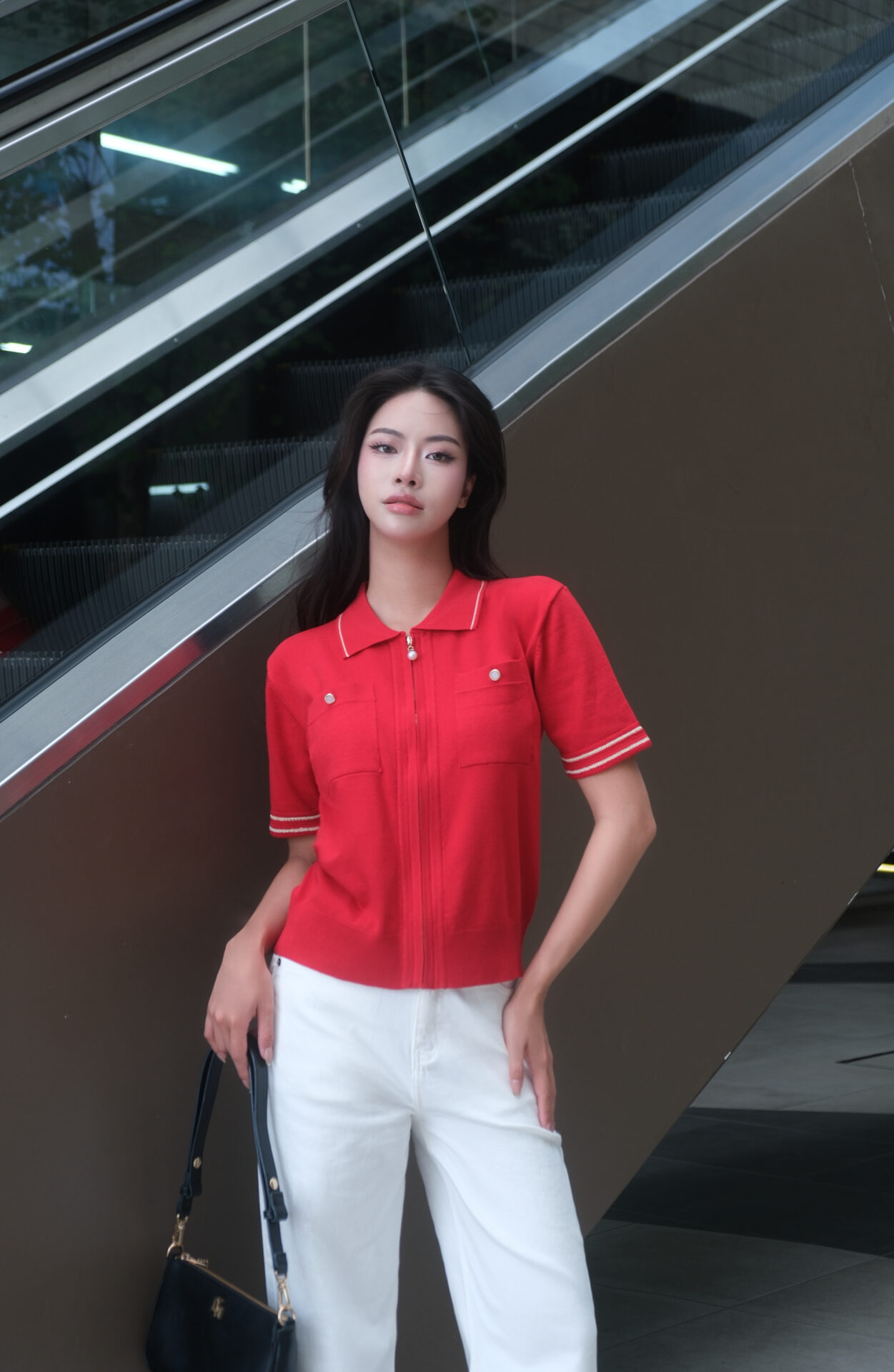 Áo Len Nữ Cardigan Cổ Polo Kéo Khóa Ngắn Tay Túi Ngực - Ảnh 6