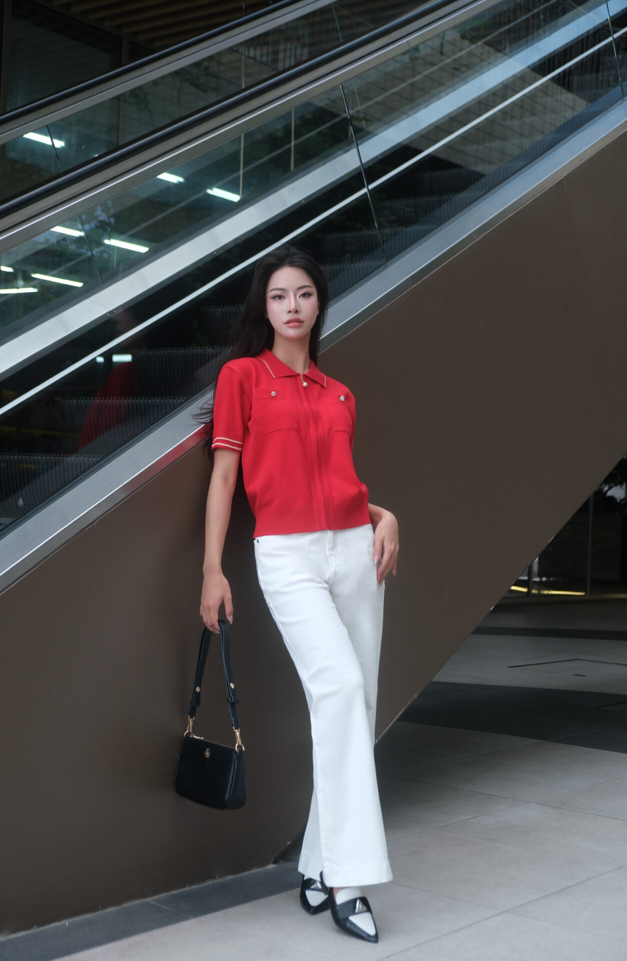 Áo Len Nữ Cardigan Cổ Polo Kéo Khóa Ngắn Tay Túi Ngực - Ảnh 4