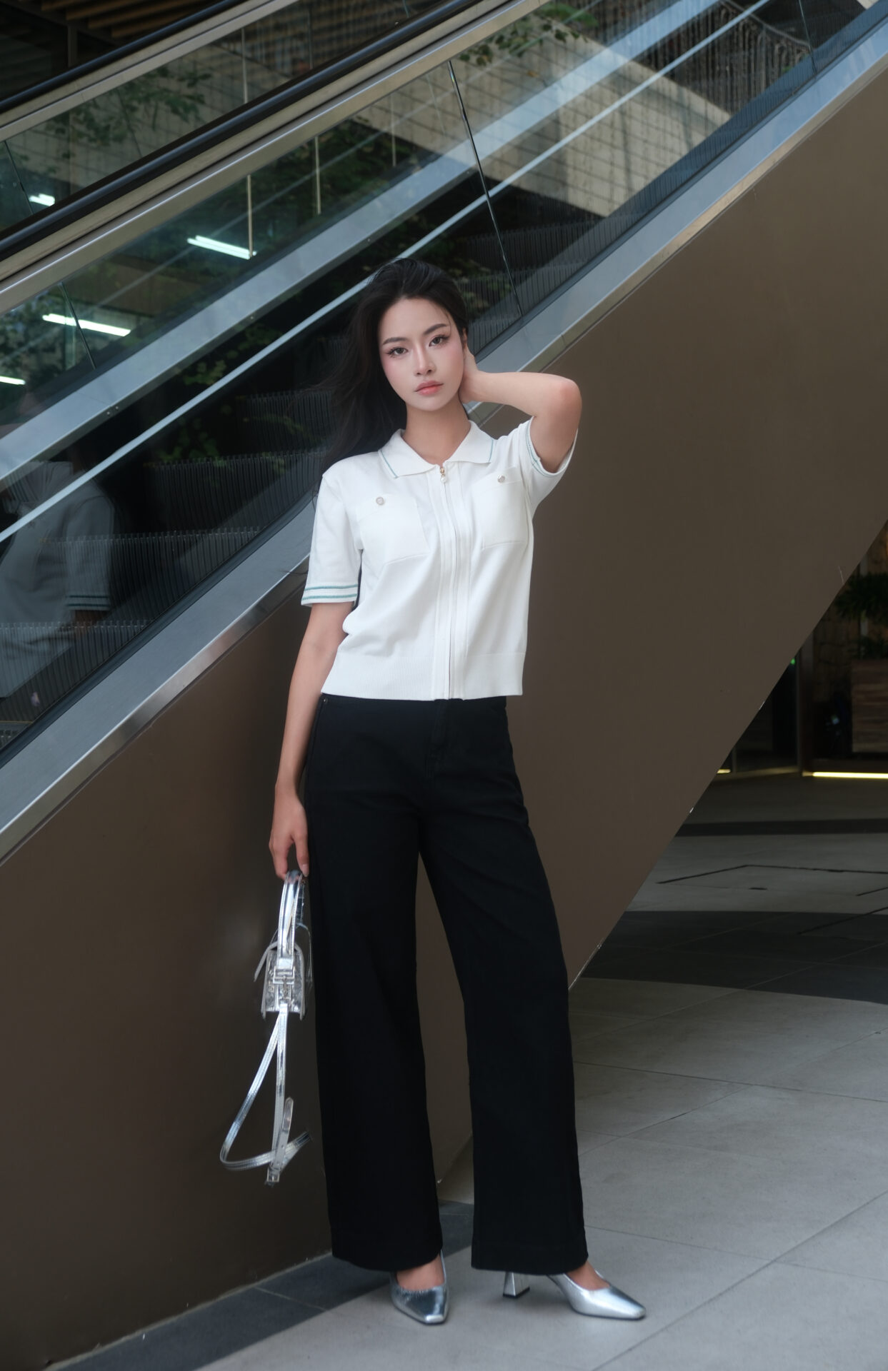 Áo Len Nữ Cardigan Cổ Polo Kéo Khóa Ngắn Tay Túi Ngực - Ảnh 3