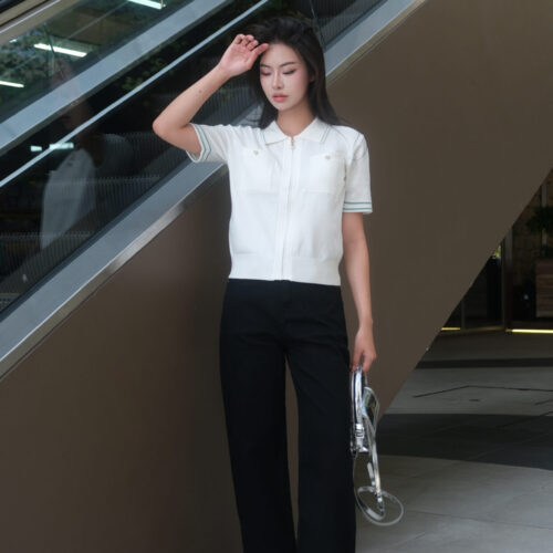 Alternative view of Áo Len Nữ Cardigan Cổ Polo Kéo Khóa Ngắn Tay Túi Ngực