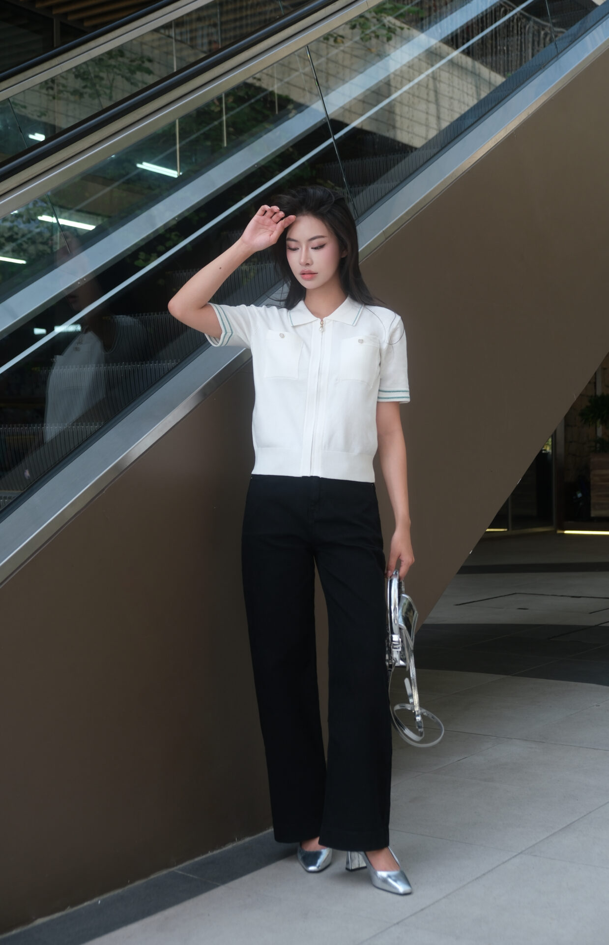 Áo Len Nữ Cardigan Cổ Polo Kéo Khóa Ngắn Tay Túi Ngực - Ảnh 2